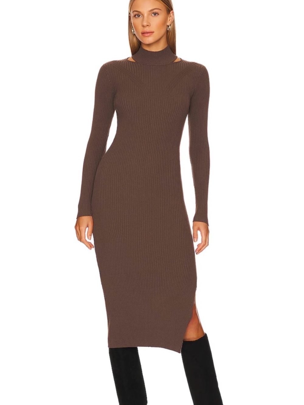 Heartloom Brown Ribbed Long Sleeve Midi Dress